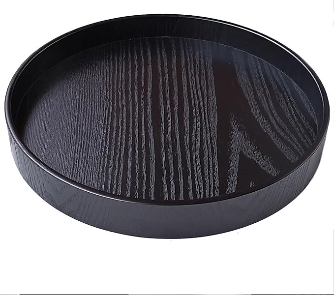 Round Wood Serving Tray, Solid Wooden Decorative Tray Non-Slip Tea Coffee Table Tray Snack Plate Food Meals Serving Tray with Raised Edges for Home Decor Kitchen Restaurant(10.6inch, Black)