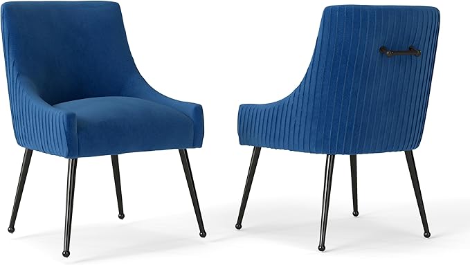 Velvet Dining Chairs Set of 2,Blue Upholstered Living Room Chairs with Black Metal Legs, Modern Tufted Accent Chairs for Living Room, Study Room, Kitchen