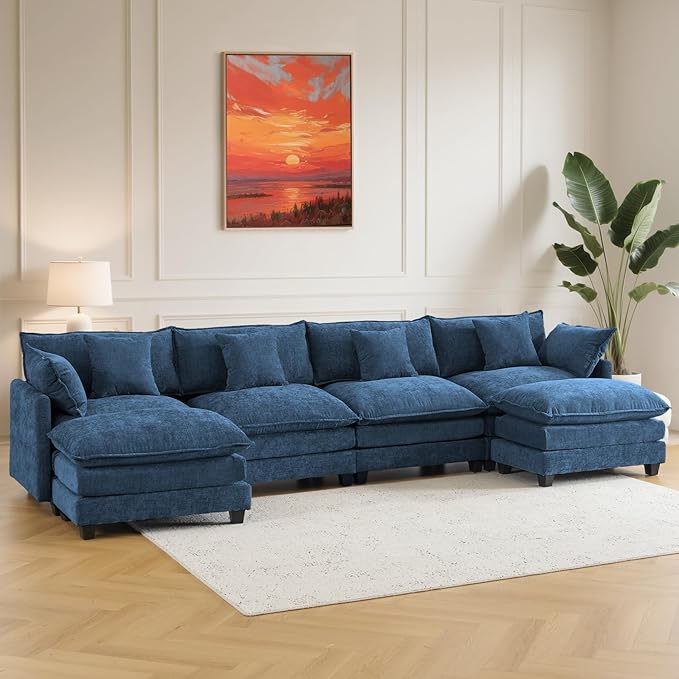 146" Cloud Chenille Sectional Couch 4+2 with Ottomans｜Large Modular Sofa for Spacious Living Rooms｜FSC Solid Wood Frame｜29.1" Deep Seat｜Easy Assembly & 1YR Guarantee