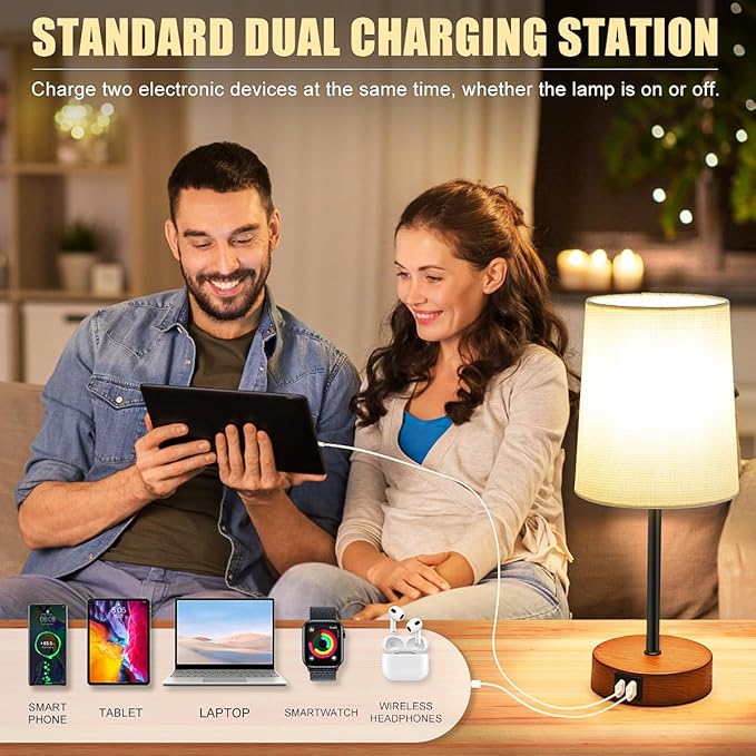 Modern USB & Type-C Bedside Lamp with Touch Control, Dimmable Table Lamp with White Fabric Shade Enhanced with Gold Threads, Includes LED Bulb - Ideal for Bedroom, Office, Dorm