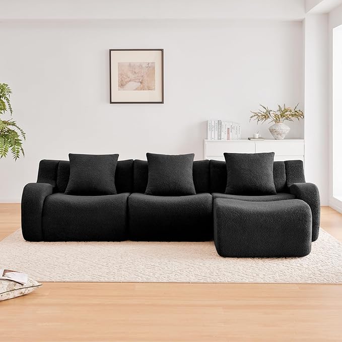Black L-Shaped Cloud Couch with 1 Ottoman, Modern Teddy Fabric Boneless Sectional Sofa in a Box, Modular Floor Sofa for Living Room, Deep Seat, No Assembly Required, Sofas para Sala