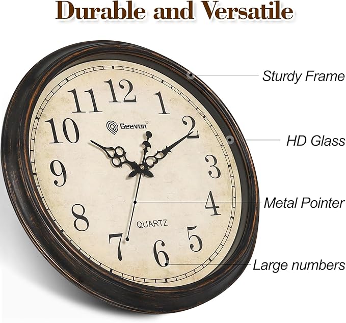 Geevon Vintage Wall Clock, Silent 18" Non Ticking Retro Round Clock Quartz Decorative Battery Operated Wall Clock for Kitchen, Office, Bedroom, Living Room, Classroom, Decor