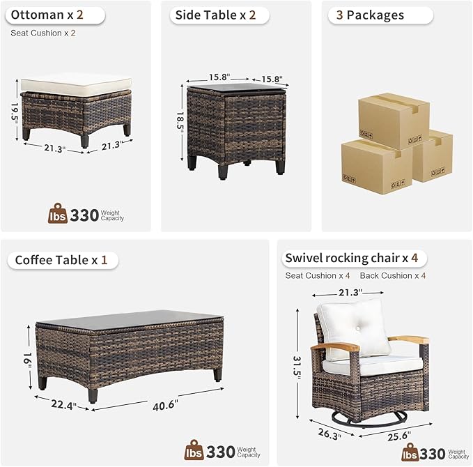 MEISSALIVVE 9 Pieces Outdoor Patio Furniture Sets,PE Wicker Patio Conversation Sets with 4 Wood Armrests Swivel Rocker Chairs，2 Ottoman and Coffee Table(Brown)