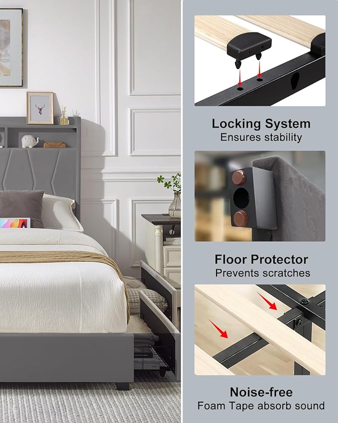 Queen Bed Frame, Velvet Upholstered LED Platform Bed with Headboard Storage, Queen Bed Built-in Charging Station with 4 Drawers, Wood Slat Support, No Box Spring Needed, Grey