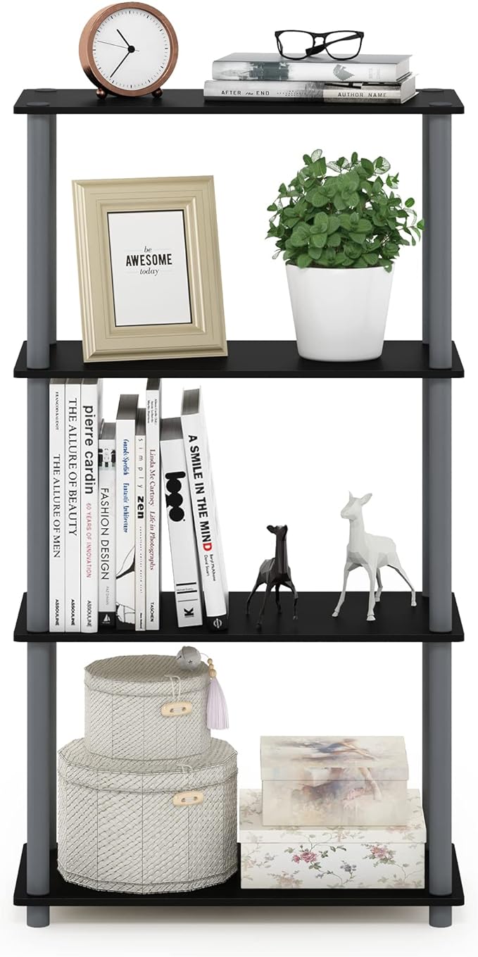 Furinno (99557BK/GY) Turn-N-Tube 4-Tier Multipurpose Shelf Display Rack - Black/Grey