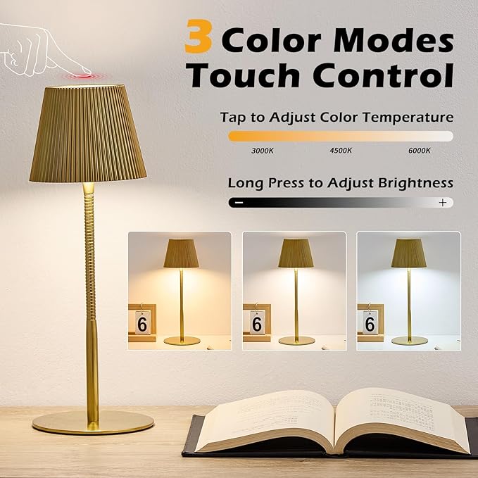 Cordless Table Lamp DIY, 2500mAh Rechargeable & Flexible Desk Lamp, Stepless Dimming Modern Bedside Lamps with 3-Color LED Touch Control, Minimalist Nightstand Lamps for Decor & Gifts (Gold)