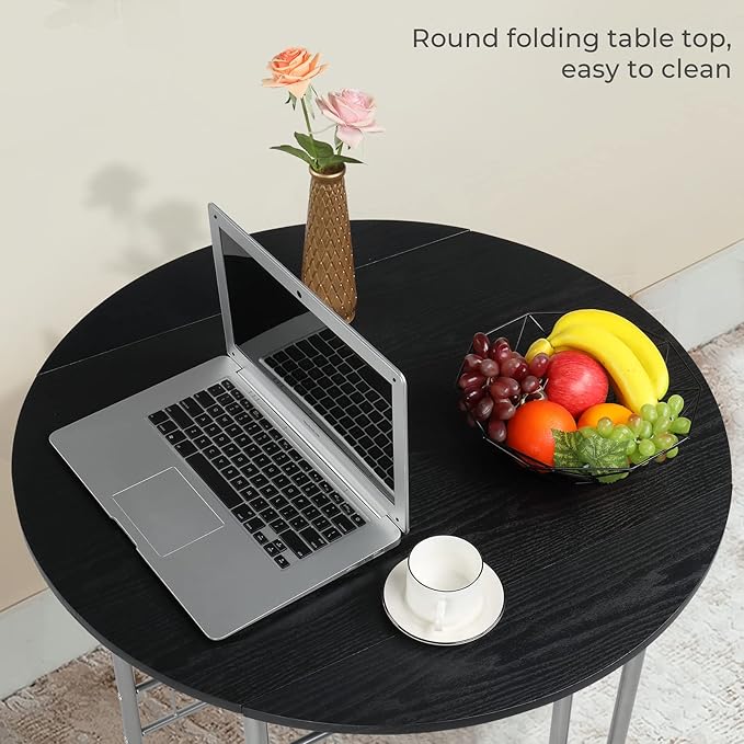 VINGLI 31.5" Drop Leaf Dining Table Set 3 Pieces for Small Space,Small Kitchen Table Set for 2,Round Folding Dining Table with 2 Chairs for Home,Kitchen,Apartment,Silver&Black