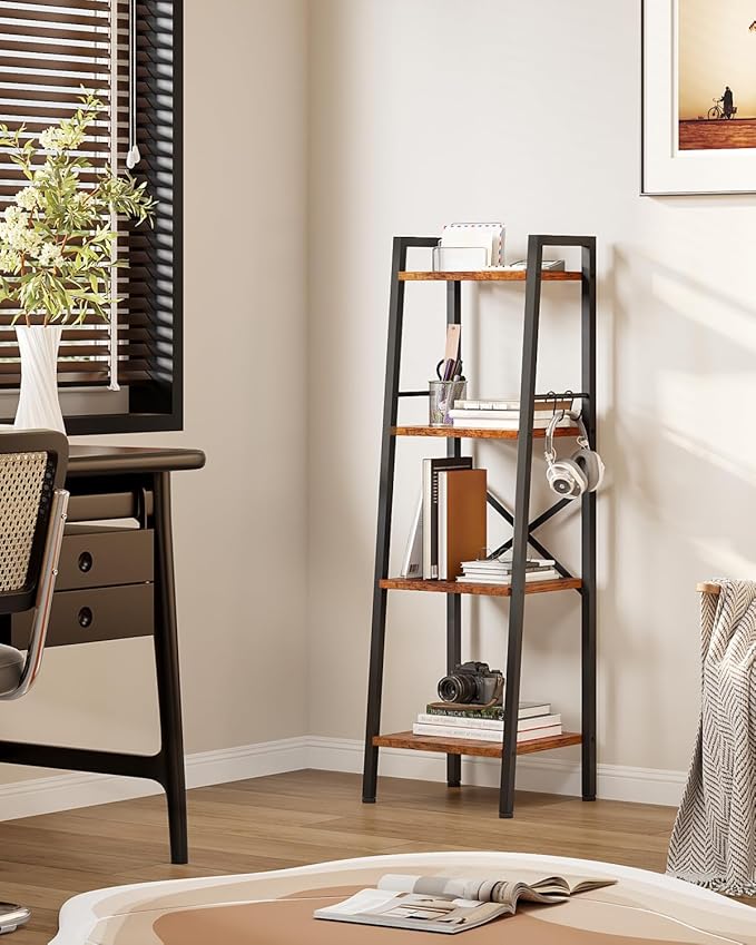 Furologee 4 Tier Ladder Bookshelf Narrow, Metal Wooden Ladder Shelf Bookcase with 2 Hooks, Small Rustic Brown Bookshelves Free Standing, Skinny Leaning Book Shelves for Bedroom Bathroom Living Room
