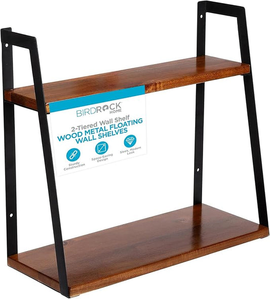 BIRDROCK HOME 2-Tiered Wall Shelf - Wood Metal Floating Wall Shelves - Home Decor - Decorative Hanging Shelves - Rustic Farmhouse - Bathroom Bedroom Living Room