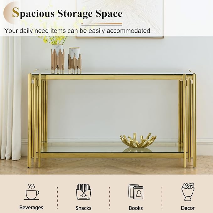 3 Pieces Glass Living Room Table Set Modern Coffee Table Console Table End Table Set with Storage 2-Tier Glass Gold Coffee Table Set w/Stainless Steel Frame for Apartment Home Office