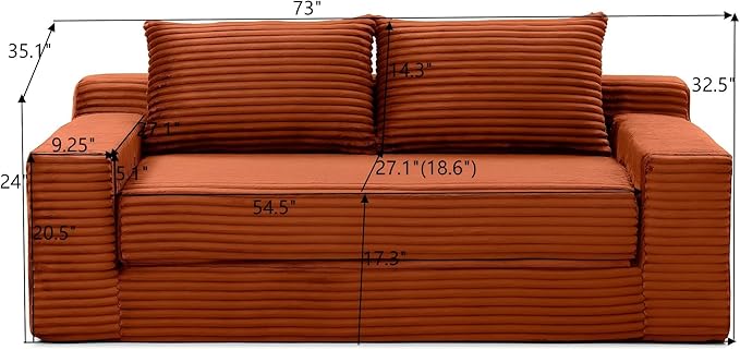 73" Cloud Loveseat Sofa Couch in a Box, 2 Seater Boneless Couch, Convertible Pull Out Sofa Bed with Pillows, No Assembly, Memory Foam, Modern Small Couches for Small Spaces (A-Orange)