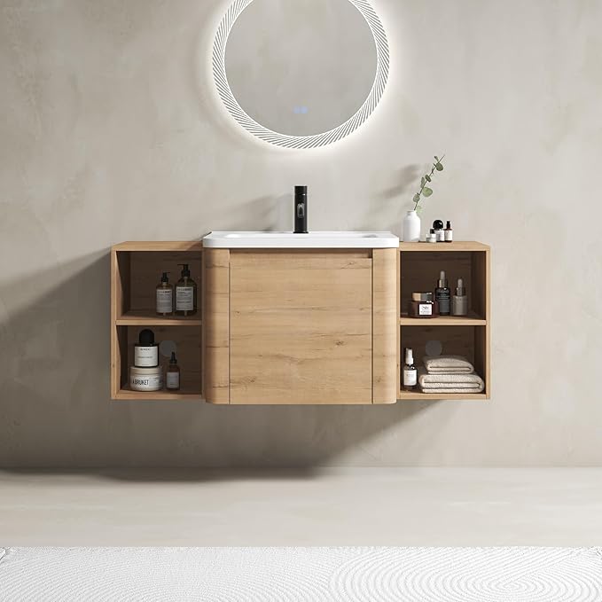 Goujxcy 48 Inch Bathroom Vanity with Sink Combo Modern Floating Vanity Cabinet with Ceramic Vessel Sink and Side Storage Shelves, Soft Closing Door Design (Imitative Oak)