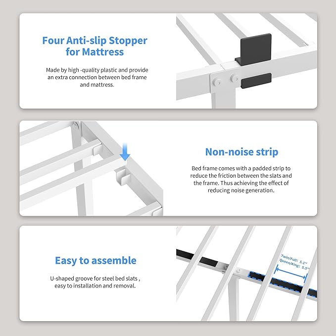 ROIL 18 Inch White Twin XL Bed Frame with Rounded Corner and Headboard Hole Mattress Retainers 3500LBS Heavy Duty Steel Slats No Box Spring Needed Platform Noise-Free Easy Assembly