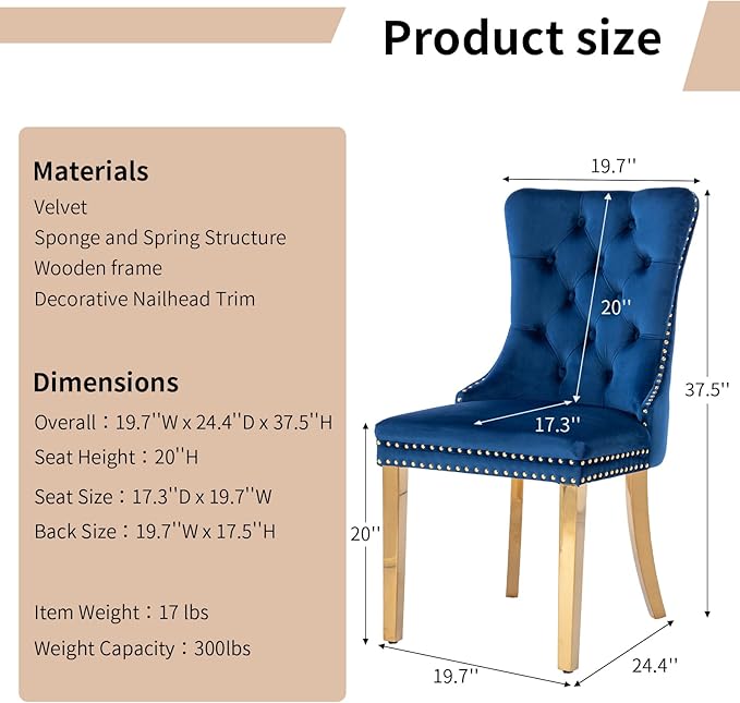 Luxury Upholstered Dining Chairs Set of 6, Blue Kitchen Chair with Golden Metal Legs, Velvet Tufted Back Dining Chair, Sillas de Comedor, Modern Kitchen & Dining Room Chairs (Blue, 6 Pcs)