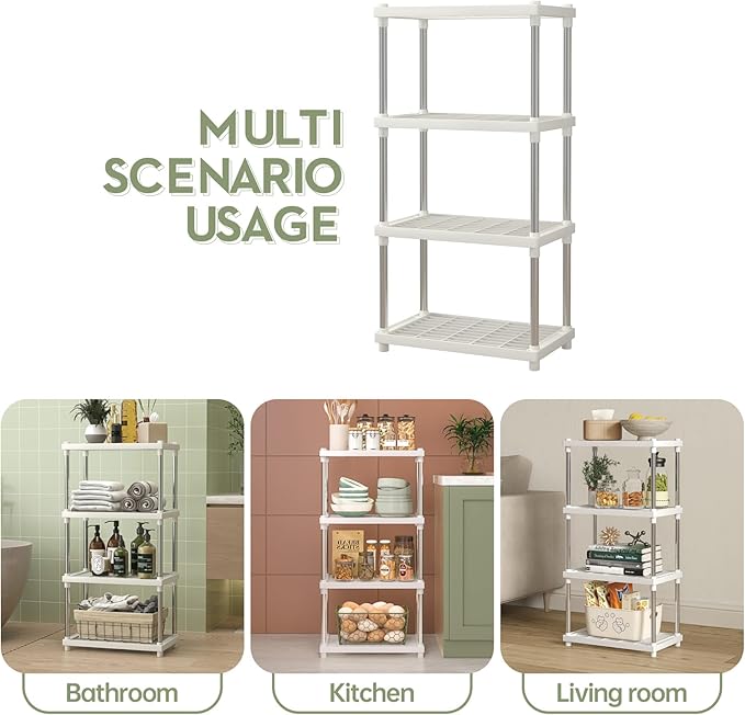 4 Tier White Plastic and Metal Freestanding Shelf Bathroom Organizer, Shelving Unit Storage Rack Organizer for Home, Garage, Basement, Shed and Laundry Room