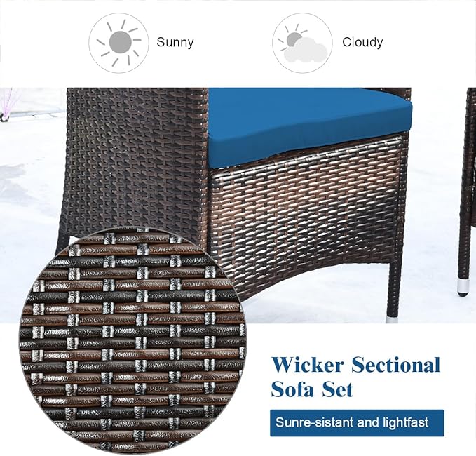 Tangkula 4 Pieces Patio Rattan Conversation Set with Tempered Glass Coffee Table & Thick Cushion, Wicker Set for Garden, Lawn, Poolside and Backyard