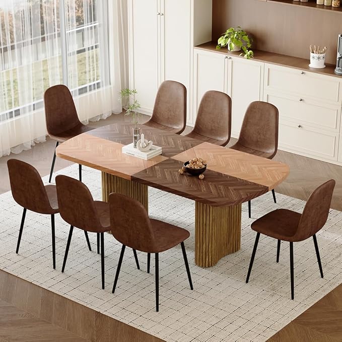 79" Large Dining Table Set for 8, Rectangular Wood Dining Room Table with 8 Suede Upholstered Chairs, 1.7" Thick Two-Color Wood Top & Sculpted Wave Legs, Modern Farmhouse Kitchen Table and Chairs Set