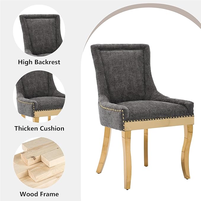 Luxury Fabirc Upholstered Dining Chairs Set of 2,Neutral Chenille Kitchen Room Chair with Nailhead Trim,Modern Padded Side Chairs for Dining Room,Living Room,Bar (Grey-Gold, Set of 2)