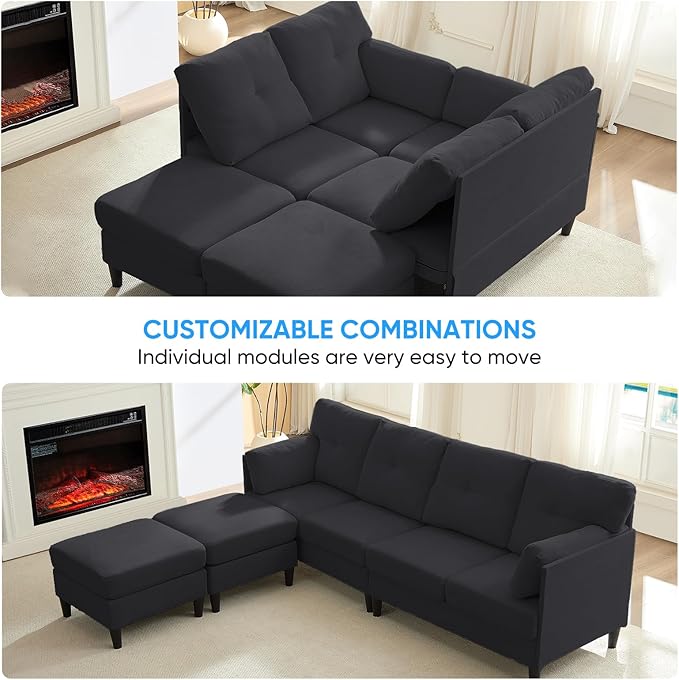 PUREMIND Sectional Couches for Living Room, Modern Snow Velvet U-Shaped Sofa Couch with Double Chaise, Upholstered 4 Seater Home Sofa for Living Room, Apartment, Office, Dark Grey