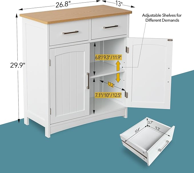 Buffet Cabinet with Storage, Coffee Bar Cabinet 26 x 30 Inches, Oak Top Sideboard Cabinet, Matte White Finish, Anti-Fall Drawers, Arched Doors, Adjustable Shelves