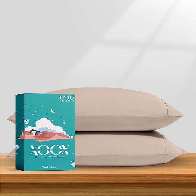 XOOX Linen 100% Egyptian Cotton Pillow Cases King Size Set of 2 - Luxury 1200 Thread Count Sateen Taupe Pillow Covers, Soft & Breathable 5 Star Hotel-Quality Pillowcases, Fits King Size Pillows