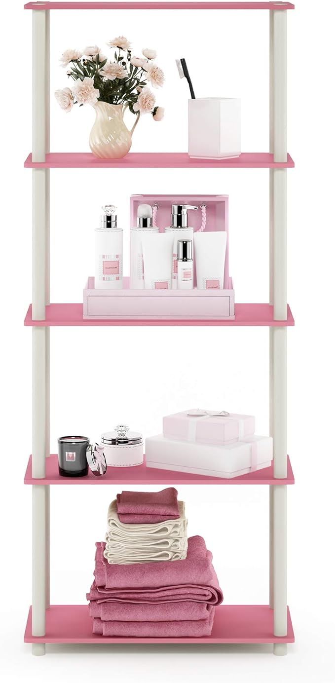 Furinno TURN-N-TUBE Storage Shelves, 5-Tier Book Shelf, Corner Shelf, Toolless Open Shelves, for Organization and Storage, Living Room, Garage, Home Office, Pink