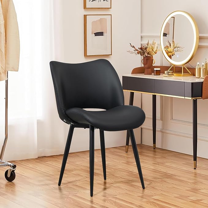Modern Upholstered Dining Chairs Set of 2 Accent Dinner Chair with Pu Faux Leather and Middle Curved Back for Kitchen Living Room Bedroom (Black)