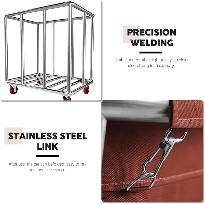 Commercial Laundry Cart on Wheels, 11.35 Bushels Large Roller with Removable Waterproof Canvas Lined Basket, Heavy Duty Stainless Steel for Hotels and Hospitals