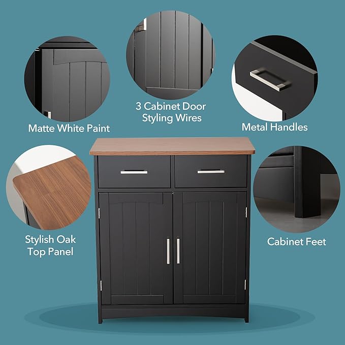 Buffet Cabinet with Storage, Coffee Bar Cabinet 26 x 30 Inches, Oak Top Sideboard Cabinet, Matte Black Finish, Anti-Fall Drawers, Arched Doors, Adjustable Shelves