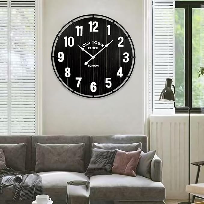 Large Old Town Farmhouse Black Wall Clock 30 Inch Rustic Antique Wood with Metal Circle and Large Numerals Silent Battery Operated Wall Clock for Office Kitchen Bedroom Living Room