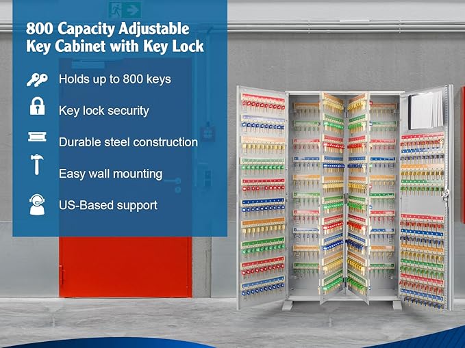 Barska 800-Position Key Lock Box – Solid Steel Key Cabinet with Adjustable Numbered Hooks, Key Log Sheet, Color Tags & Index Chart – Wall-Mount Organizer, Grey Finish