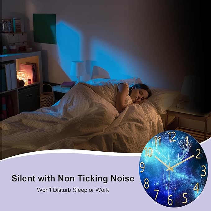 Lafocuse 12 Inch Blue Wall Clock Silent Non Ticking, Galaxy Glass Clocks Battery Operated for Living Room Bedroom Kitchen Decor, Deer Pattern