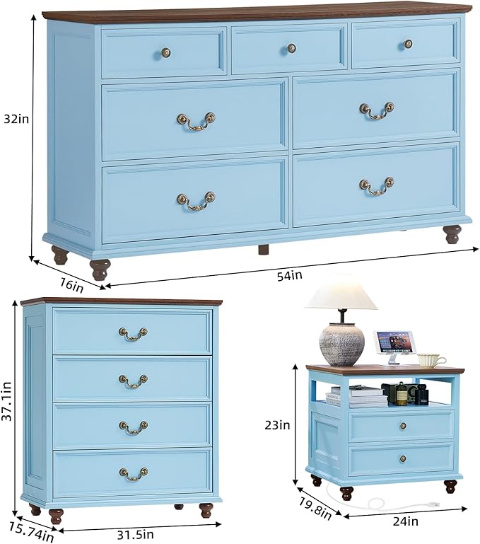 24" Wide Farmhouse Nightstand with Charging Station Set of 2,54" 7 Drawers Dresser, 37" Tall Rustic Chests of Drawers, Farmhouse Furniture Series for Bedroom,LightBlue