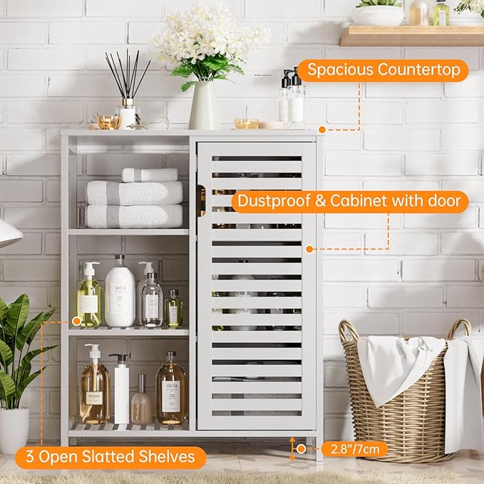 HITNET Bathroom Cabinet Freestanding, Bamboo Floor Cabinet, Side Storage Organizer with Door and 3 Shelves, Living Room Kitchen Cupboard, White