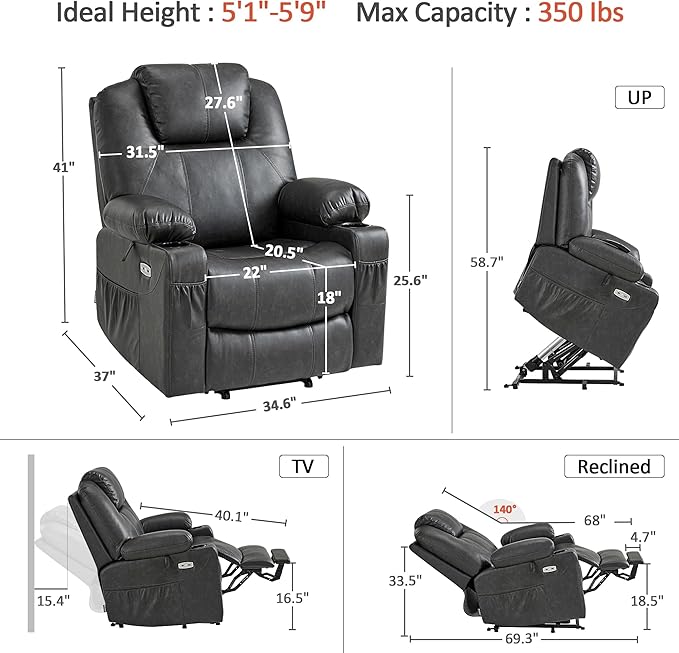 MCombo Electric Power Lift Recliner Chair Sofa with Massage and Heat for Elderly, 3 Positions, 2 Side Pockets, and Cup Holders, USB Ports, Faux Leather 7040 (Grey, Medium)