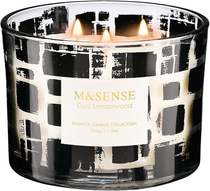 M&SENSE Oud Sandalwood Scented Candle,11.6oz Natural Soy Wax,Non Toxic for Home, 3 Wick Jar Candle, Up to 60 Hours Burn time, Home Decor,Candles for Home Scented