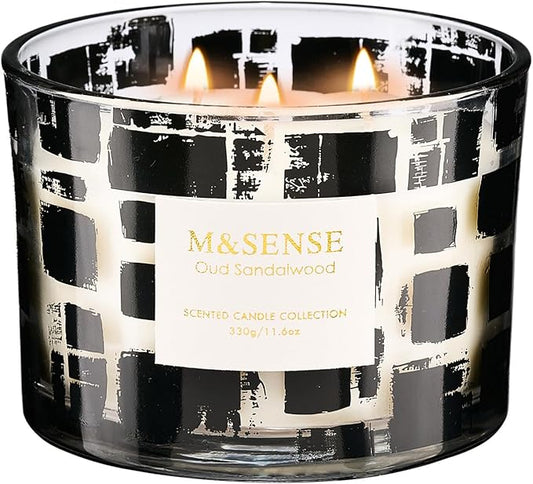 M&SENSE Oud Sandalwood Scented Candle,11.6oz Natural Soy Wax,Non Toxic for Home, 3 Wick Jar Candle, Up to 60 Hours Burn time, Home Decor,Candles for Home Scented