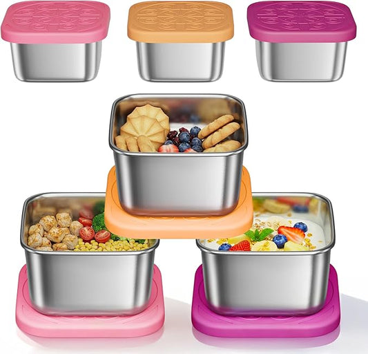 6 Pack 6oz Stainless Steel Snack Containers and 2oz Salad Dressing To Go Containers with Silicone Lids, Reusable Square Meal Prep Condiment Sauce Containers Lunch Box Accessories