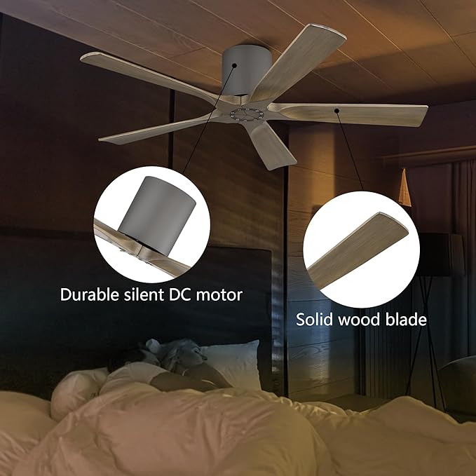 ELEHINSER 52 inch Low Profile Ceiling Fan without Light, 5 Solid Wood Blades, 6-Speed, Quiet DC Motor, Timer, Flush Mount Modern Ceiling Fan No Light with Remote for Living Room Bedroom, Charcoal Grey