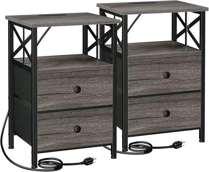 AMHANCIBLE Night Stand Set 2, Nightstand with Charging Station, End Tables Living Room with USB Ports and Outlets, Bedside Tables with Fabric Drawers for Bedroom, Dark Grey HET05XDG