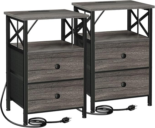 AMHANCIBLE Night Stand Set 2, Nightstand with Charging Station, End Tables Living Room with USB Ports and Outlets, Bedside Tables with Fabric Drawers for Bedroom, Dark Grey HET05XDG