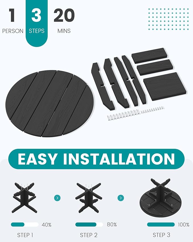 SERWALL 5-Piece Outdoor Round Coffee Table Set - 1 Table & 4 Adirondack Chairs with Cup Holders (Black)