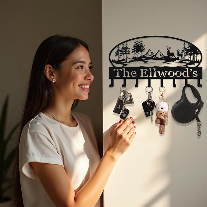 Custom Metal Key Rack Hooks, Personalized Key Holder for Wall, Deer, Grove Theme Wall Decoration Key Hooks, Key Hanger Organizer for Living Room, Entryway, Pet House, Bedroom Decor