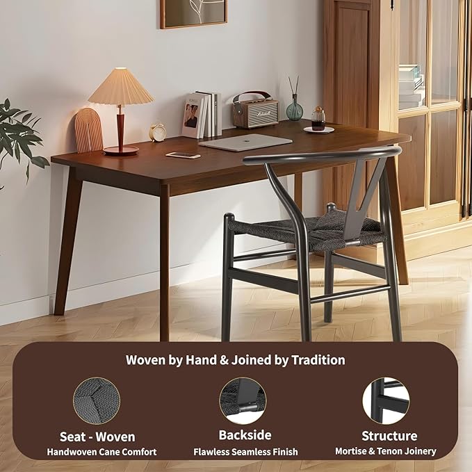 Tomile Wishbone Chair Y Chair, Wooden Dining Chairs, Mid Century Modern Chairs with Arms, Solid Wood Weave Seat Kitchen & Dining Room Chairs (Ash Wood - Black)