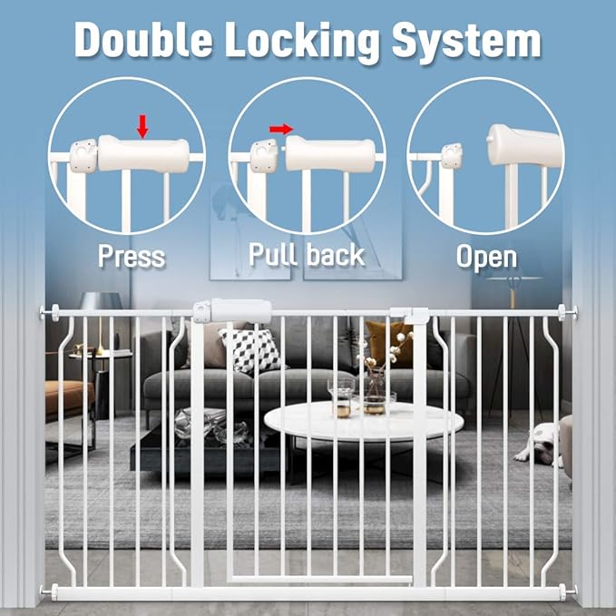 ALLAIBB Extra Wide Baby Gate Pressure Mount Auto Close White Metal Child Dog Pet Safety Gates with Walk Through for Stairs,Doorways,Kitchen and Living Room(71.65-76.38"/182-194cm)