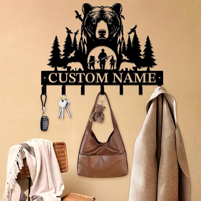 Personalized Custom Name Bear Key Wall Hooks,Metal Bear Keys Clothes Hooks,Metal Bear Wall Home Storage Decorative,For Front Door, Hallway, Kitchen, Bedroom,Keys,Hats (Style E)