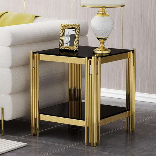 Goujxcy Modern Glass End Table Gold Sofa Side Table with Black Glass Top and Mirror Finish Stainless Steel Legs, Luxury Square Sofa Side Table Coffee Table Bedside Table for Living Room Bedroom (Gold)