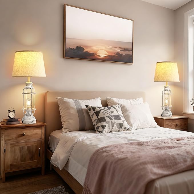 28" Table Lamps for Living Room Set of 2, 3 Way Dimmable Touch Lamps with USB A+C Ports,Farmhouse Table Lamps for Bedroom,Industrial Lamp for Living Room End Tables,4 Bulbs Included