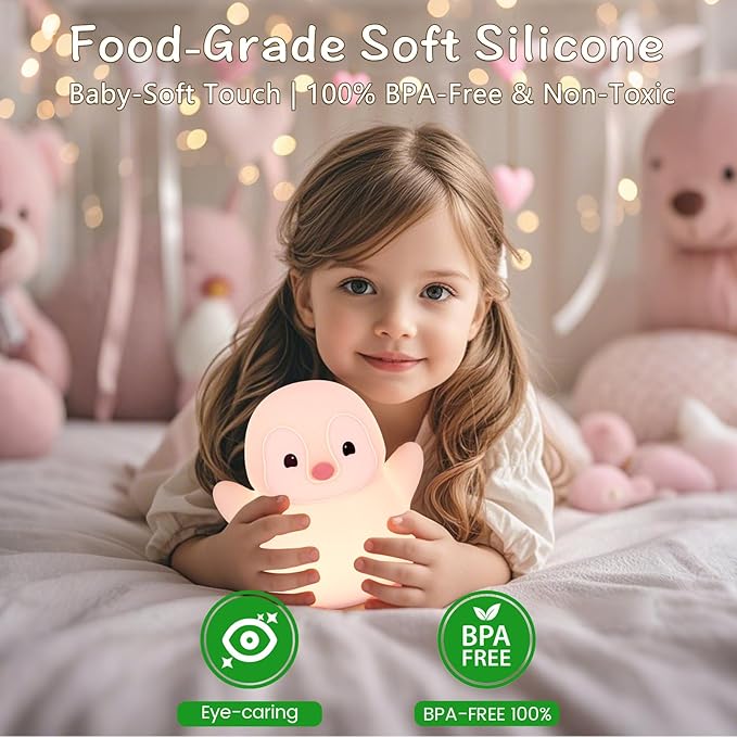 Pink Penguin Night Light,Soft Silicone Nursery Nightlight for Baby,LED Squishy Novelty Animal Bedside Lamp,Rechargeable/Dimmable/Timer,Room Decor, Cute Xmas Gifts for Kids/Girls/ Mom/ Grandma/ Teens