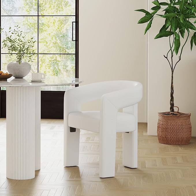 Modern Barrel Dining Chair, PU Leather Upholstered Accent Side Chair with Arms Comfy Makeup Vanity Chair, Dining Living Room Kitchen Chair, White